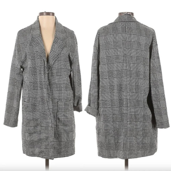 NEW Checkered Plaid Houndstooth Coat Long Open Blazer Gray Small Business Casual - Picture 1 of 9